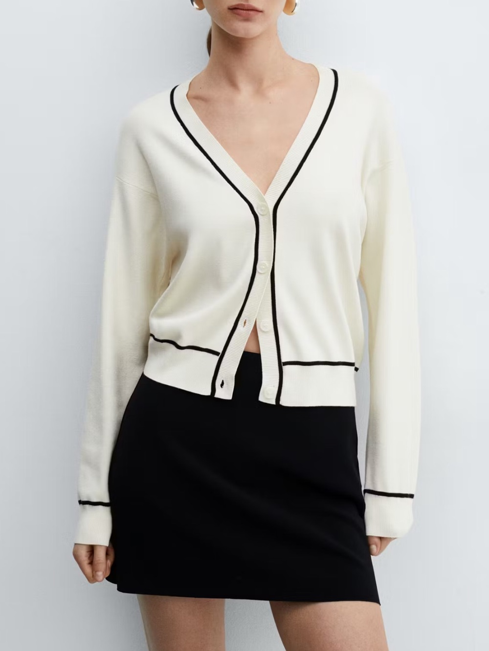 Mango Contrast Trim Cardigan in Ecru and Black